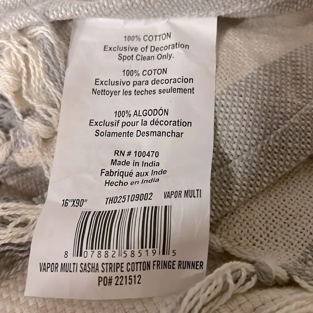 Vapor Multi Sasha Stripe Cotton FringeTable Runner 16” x 90” cream & blue-gray